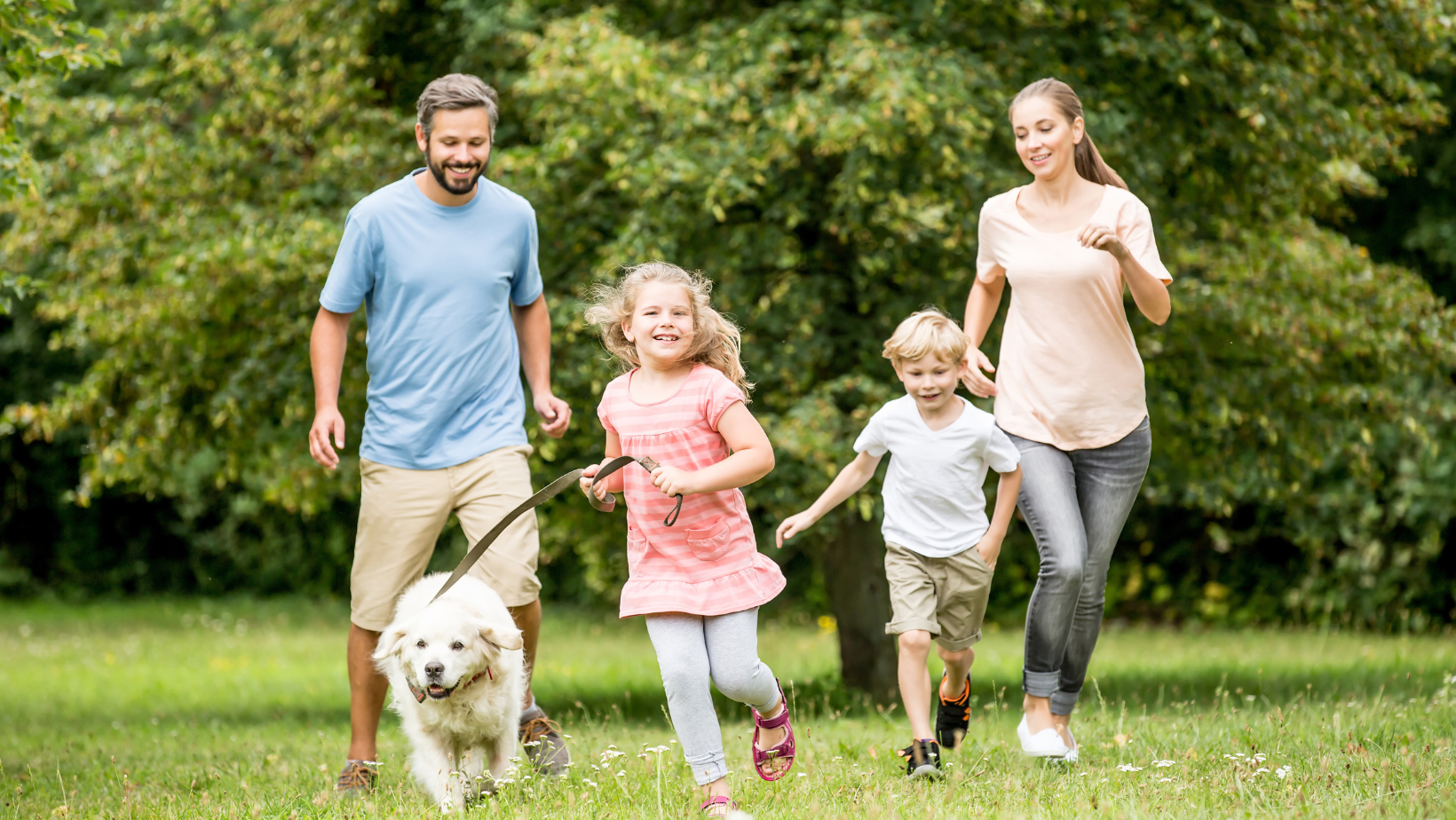 Grubbs up, healthy family, family with pet, happy active family with pet in nature
